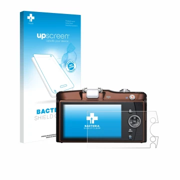 Parte frontal de un envase de producto con el logotipo de la marca upscreen. Al lado se muestra el dispositivo Olympus PEN E-P