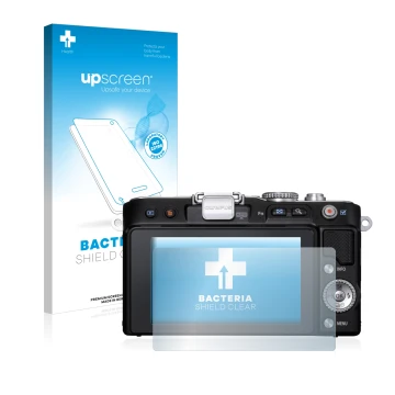 Parte frontal de un envase de producto con el logotipo de la marca upscreen. Al lado se muestra el dispositivo Olympus PEN E-P