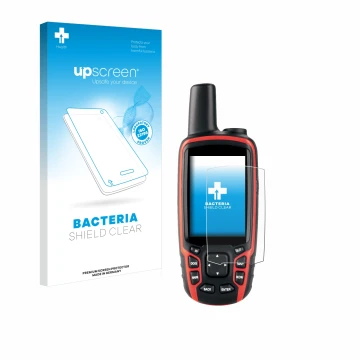 Parte frontal de un envase de producto con el logotipo de la marca upscreen. Al lado se muestra el dispositivo Garmin Astro 32