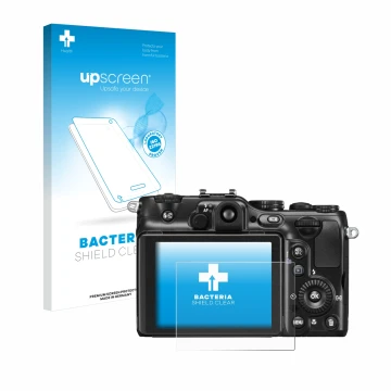 Parte frontal de un envase de producto con el logotipo de la marca upscreen. Al lado se muestra el dispositivo Nikon Coolpix P