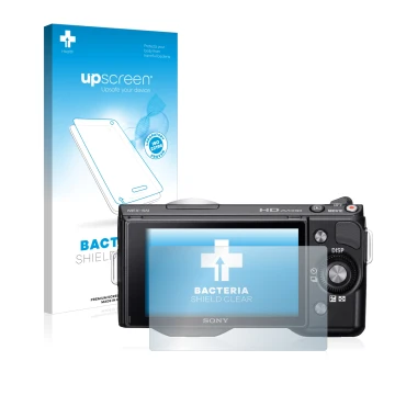 Parte frontal de un envase de producto con el logotipo de la marca upscreen. Al lado se muestra el dispositivo Sony Alpha NEX-