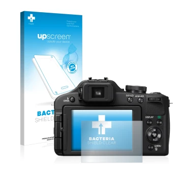 Parte frontal de un envase de producto con el logotipo de la marca upscreen. Al lado se muestra el dispositivo Panasonic Lumix