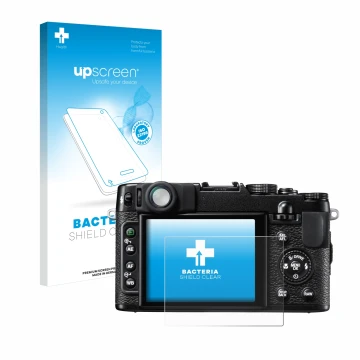 Parte frontal de un envase de producto con el logotipo de la marca upscreen. Al lado se muestra el dispositivo Fujifilm FinePi