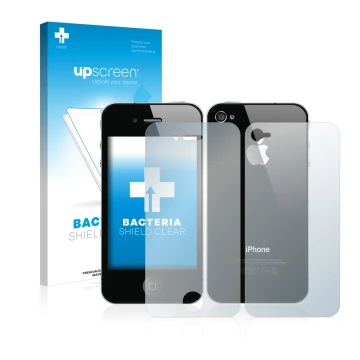 Parte frontal de un envase de producto con el logotipo de la marca upscreen. Al lado se muestra el dispositivo Apple iPhone 4S