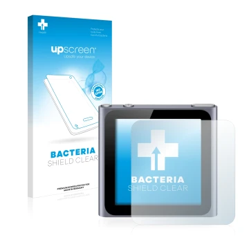Parte frontal de un envase de producto con el logotipo de la marca upscreen. Al lado se muestra el dispositivo Apple iPod nano