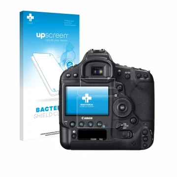 Parte frontal de un envase de producto con el logotipo de la marca upscreen. Al lado se muestra el dispositivo Canon EOS 1D X 