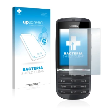 Parte frontal de un envase de producto con el logotipo de la marca upscreen. Al lado se muestra el dispositivo Nokia Asha 300 