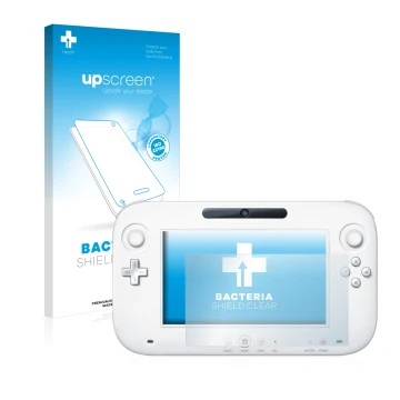 Parte frontal de un envase de producto con el logotipo de la marca upscreen. Al lado se muestra el dispositivo Nintendo Wii U 