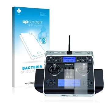 Parte frontal de un envase de producto con el logotipo de la marca upscreen. Al lado se muestra el dispositivo Graupner MC-32 