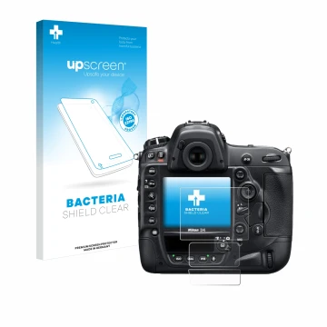 Parte frontal de un envase de producto con el logotipo de la marca upscreen. Al lado se muestra el dispositivo Nikon D4 con su