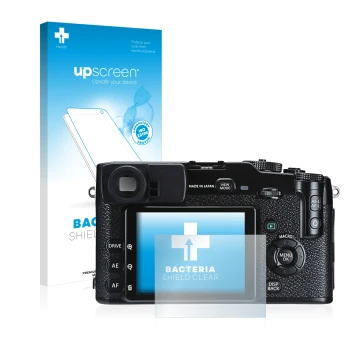 Parte frontal de un envase de producto con el logotipo de la marca upscreen. Al lado se muestra el dispositivo Fujifilm X-Pro1