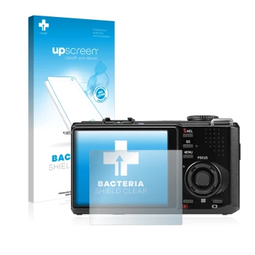 Parte frontal de un envase de producto con el logotipo de la marca upscreen. Al lado se muestra el dispositivo Sigma DP2 Merri