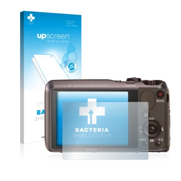 Parte frontal de un envase de producto con el logotipo de la marca upscreen. Al lado se muestra el dispositivo Sony Cyber-Shot