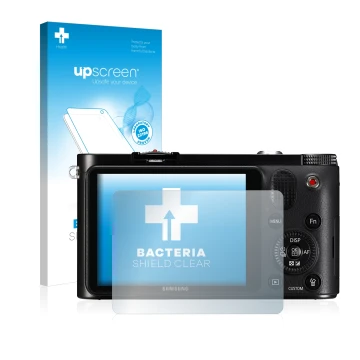 Parte frontal de un envase de producto con el logotipo de la marca upscreen. Al lado se muestra el dispositivo Samsung NX1000 