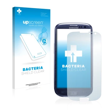 Parte frontal de un envase de producto con el logotipo de la marca upscreen. Al lado se muestra el dispositivo Samsung Galaxy 