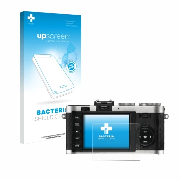 Parte frontal de un envase de producto con el logotipo de la marca upscreen. Al lado se muestra el dispositivo Leica X2 con su