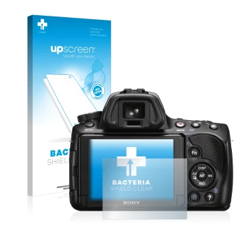 Parte frontal de un envase de producto con el logotipo de la marca upscreen. Al lado se muestra el dispositivo Sony Alpha 37 (