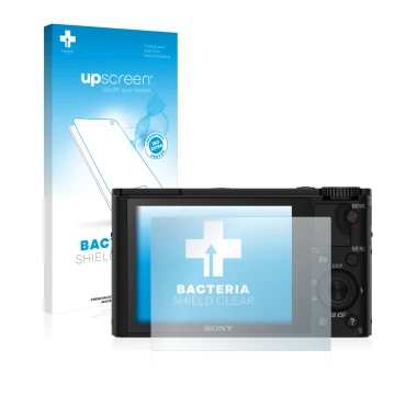 Parte frontal de un envase de producto con el logotipo de la marca upscreen. Al lado se muestra el dispositivo Sony Cyber-Shot