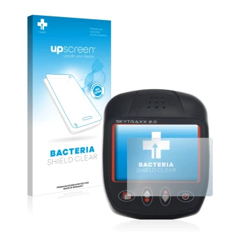 Parte frontal de un envase de producto con el logotipo de la marca upscreen. Al lado se muestra el dispositivo Skytraxx 2.0 Va