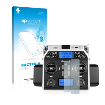 Parte frontal de un envase de producto con el logotipo de la marca upscreen. Al lado se muestra el dispositivo Graupner MC-20 