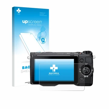 Parte frontal de un envase de producto con el logotipo de la marca upscreen. Al lado se muestra el dispositivo Sony Alpha NEX-