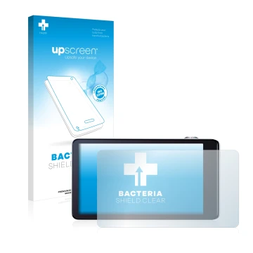 Parte frontal de un envase de producto con el logotipo de la marca upscreen. Al lado se muestra el dispositivo Samsung Galaxy 