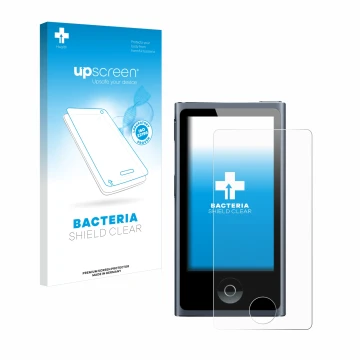 Parte frontal de un envase de producto con el logotipo de la marca upscreen. Al lado se muestra el dispositivo Apple iPod nano