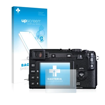 Parte frontal de un envase de producto con el logotipo de la marca upscreen. Al lado se muestra el dispositivo Fujifilm X-E1 c