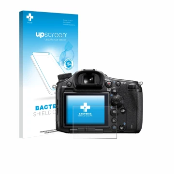 Parte frontal de un envase de producto con el logotipo de la marca upscreen. Al lado se muestra el dispositivo Sony Alpha 99 c