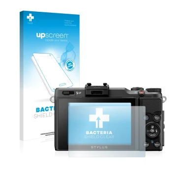 Parte frontal de un envase de producto con el logotipo de la marca upscreen. Al lado se muestra el dispositivo Olympus Stylus 