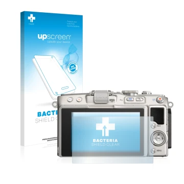 Parte frontal de un envase de producto con el logotipo de la marca upscreen. Al lado se muestra el dispositivo Olympus PEN Lit