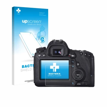 Parte frontal de un envase de producto con el logotipo de la marca upscreen. Al lado se muestra el dispositivo Canon EOS 6D co