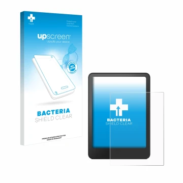 Parte frontal de un envase de producto con el logotipo de la marca upscreen. Al lado se muestra el dispositivo Amazon Kindle P