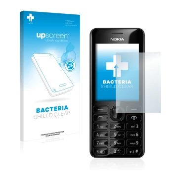 Parte frontal de un envase de producto con el logotipo de la marca upscreen. Al lado se muestra el dispositivo Nokia 206 Dual 