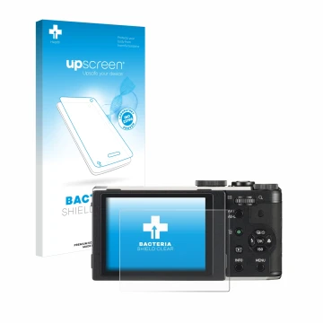 Parte frontal de un envase de producto con el logotipo de la marca upscreen. Al lado se muestra el dispositivo Pentax MX-1 con