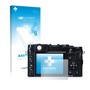 Parte frontal de un envase de producto con el logotipo de la marca upscreen. Al lado se muestra el dispositivo Fujifilm X20 co