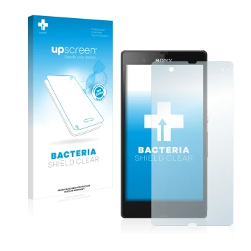 Parte frontal de un envase de producto con el logotipo de la marca upscreen. Al lado se muestra el dispositivo Sony Xperia Z C