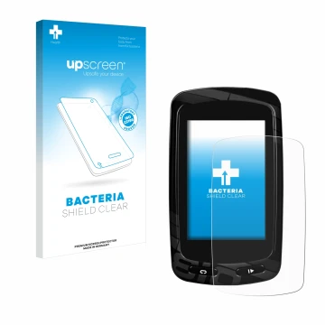 Parte frontal de un envase de producto con el logotipo de la marca upscreen. Al lado se muestra el dispositivo Garmin Edge 810