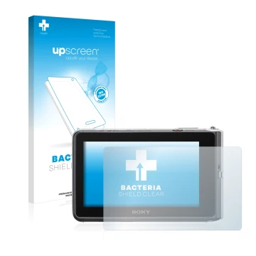 Parte frontal de un envase de producto con el logotipo de la marca upscreen. Al lado se muestra el dispositivo Sony Cyber-Shot