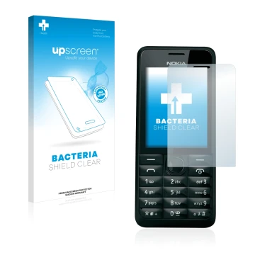 Parte frontal de un envase de producto con el logotipo de la marca upscreen. Al lado se muestra el dispositivo Nokia 301 con s