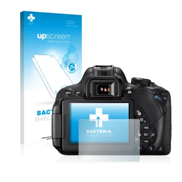 Parte frontal de un envase de producto con el logotipo de la marca upscreen. Al lado se muestra el dispositivo Canon EOS 700D 
