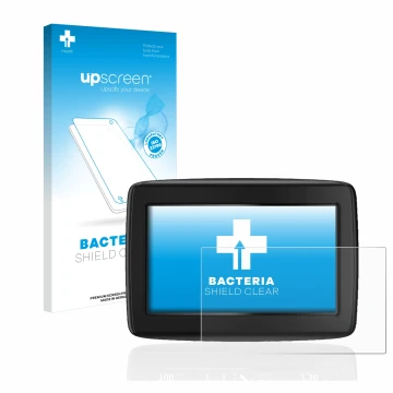 Parte frontal de un envase de producto con el logotipo de la marca upscreen. Al lado se muestra el dispositivo TomTom Start 20