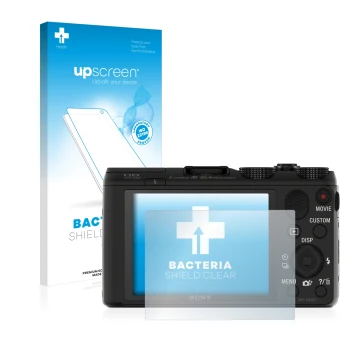 Parte frontal de un envase de producto con el logotipo de la marca upscreen. Al lado se muestra el dispositivo Sony Cyber-Shot