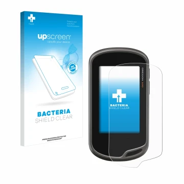Parte frontal de un envase de producto con el logotipo de la marca upscreen. Al lado se muestra el dispositivo Garmin Oregon 6