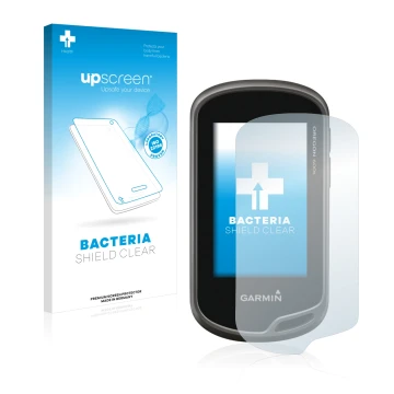Parte frontal de un envase de producto con el logotipo de la marca upscreen. Al lado se muestra el dispositivo Garmin Oregon 6