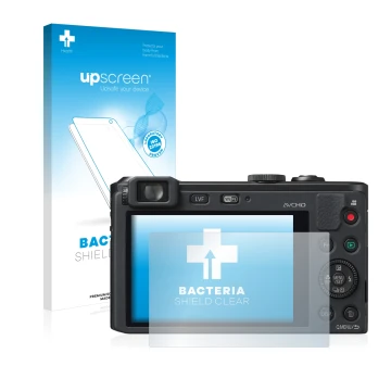 Parte frontal de un envase de producto con el logotipo de la marca upscreen. Al lado se muestra el dispositivo Panasonic Lumix