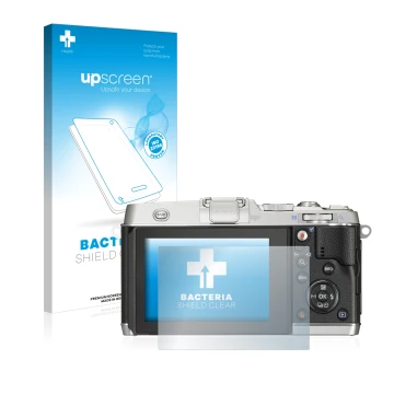 Parte frontal de un envase de producto con el logotipo de la marca upscreen. Al lado se muestra el dispositivo Olympus PEN E-P