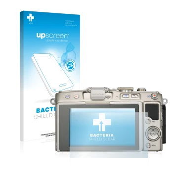 Parte frontal de un envase de producto con el logotipo de la marca upscreen. Al lado se muestra el dispositivo Olympus PEN E-P