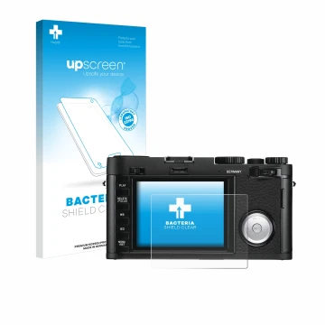 Parte frontal de un envase de producto con el logotipo de la marca upscreen. Al lado se muestra el dispositivo Leica X Vario c