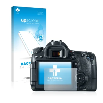 Parte frontal de un envase de producto con el logotipo de la marca upscreen. Al lado se muestra el dispositivo Canon EOS 70D c